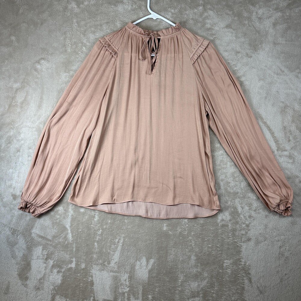 Boho Peasant Shirt Womens Medium Pink Long Sleeve Ruffle Neck Tie Blouse Top